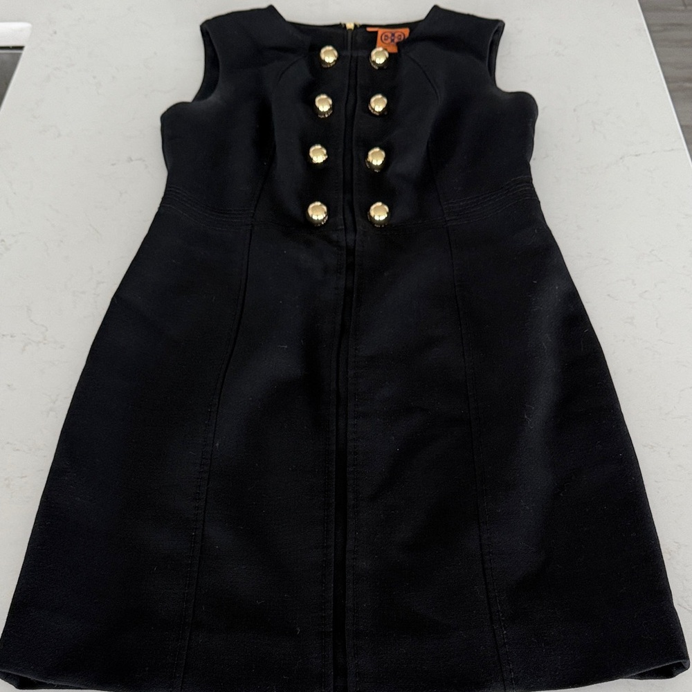Tory Burch Black Midi Dress with Gold Accent buttons